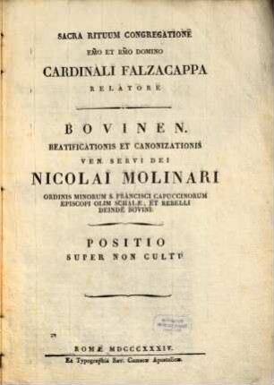 Bovinen. beatificationis et canonizationis ven. servi Dei Nicolai Molinari ord. min. S. Francisci capuccin. ...