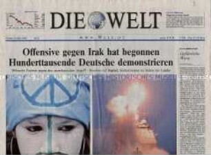 Fragment der Tageszeitung "Die Welt" zum Übergfall der USA auf den Irak und den Protesten gegen den Krieg in Deutschland