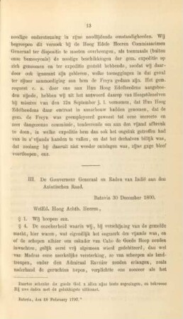 III. De Gouverneur Generaal en Raden van Indie aan den Aziatischen Raad ... 30 Decembre 1800