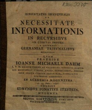 Dissertatio Inavgvralis De Necessitate Informationis In Recvrsibvs Ad Comitia Imperii A Svpremis Germaniae Tribvnalibvs Exigendae