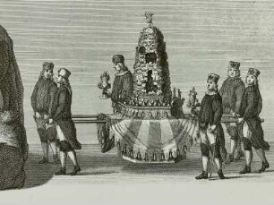Die Maschinen und versetzten Ertzstuffen, so bey d. Bergmännischen Auffzug im Plauenschen grund, ohnweit Dressden mitgeführet nd getragen worden 26. September 1719, Deteil: Bergsmodell mit Fortuna