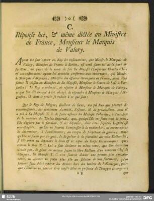 C. Réponse luë, & même dictée au Ministre de France, Monsieur le Marquis de Valory