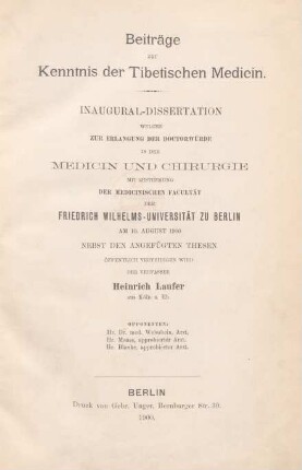 [Teil 1]: Beiträge zur Kenntnis der Tibetischen Medicin