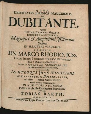 Dissertatio Iuridica Inauguralis De Dubitante