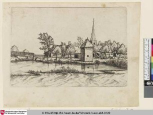 [Country Village with Church and Bridge; Dorf mit Kirche und Brücke]