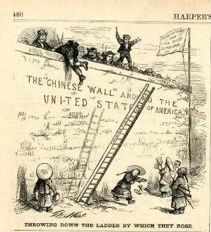 Throwing down the ladder by which they rose : europäische Einwanderer haben mit Hilfe einer Leiter eine Mauer erklommen und werfen die Leiter nun um, um chinesische Immigranten am Aufstieg zu hindern