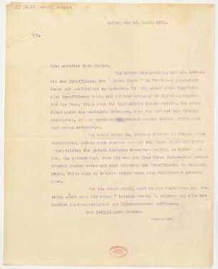 Brief an Bernhard Sekles : 12.04.1921