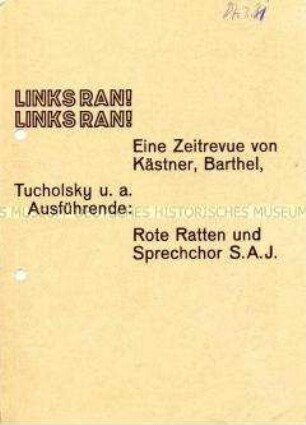 Theaterprogramm zu einer Revue mit Texten von Kästner, Barthel und Tucholsky