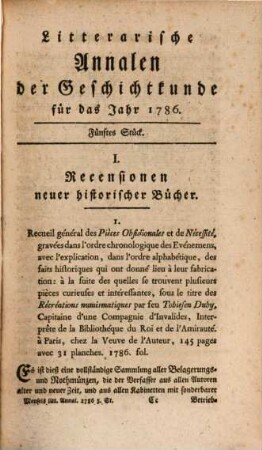 Litterarische Annalen der Geschichtkunde in und außer Teutschland : für das Jahr .... 5. 1786