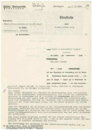 Strafsache gegen Dr. med. Eugen Stähle u.a. - Zeugenvernehmung Medizinalrat Dr. Hermann Scherb, Dr. phil. Franz Geraths, Eugen Abele, Theresia Moser, Verwaltungsrat Eugen Vogelmann, Oberverwaltungsrat Max Maurer, Dr. Karl Sternfeld, Eugen Orgeldinger, Theodor Huzel, Pfarrer Hermann Breuning - Qu. 40-49