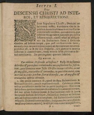 Sectio I. De Descensu Christi Ad Inferos, Et Resurrectione.