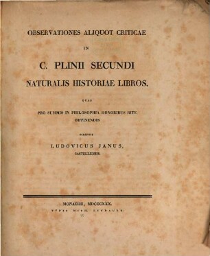 Observationes aliquot criticae in C. Plinii Secundi Naturalis historiae libros