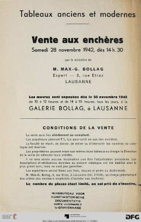 Tableaux anciens et modernes – Vente aux enchères, samedi 28 novembre 1942
