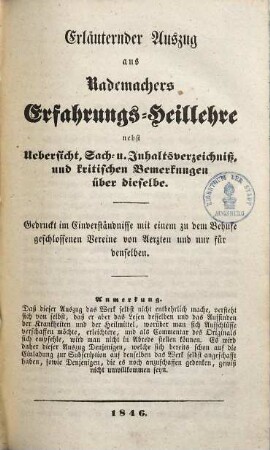 Erläuternder Auszug aus Rademachers Erfahrungs-Heillehre