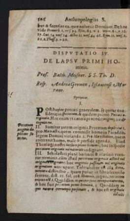 Disputatio IV. De Lapsu Primi Hominis