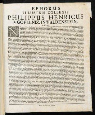 Ephorus Illustris Collegii Philippus Henricus A Goellniz, In Waldenstein, L. S. P. D.