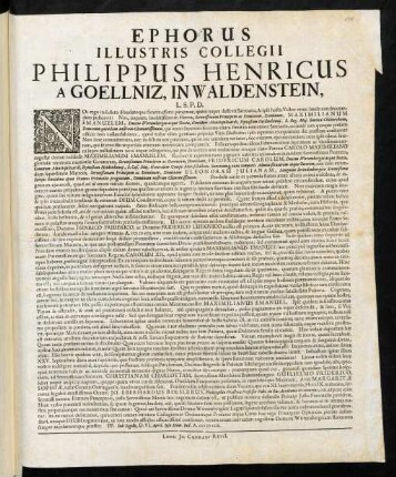 Ephorus Illustris Collegii Philippus Henricus A Goellniz, In Waldenstein, L. S. P. D.