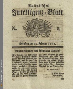 No. 8, Dienstag den 25. Februar 1783