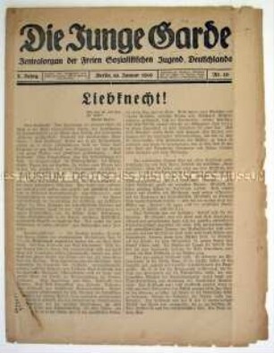 Mitteilungsblatt "Die Junge Garde" als "Zentralorgan der Freien Sozialistischen Jugend" mit dem Bekenntnis zu Liebknecht und Luxemburg und programmatischen Ausführungen