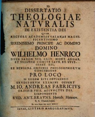 Diss. theologiae naturalis, de existentia Dei