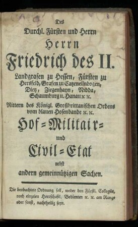 Hof- Militair- und Civil-Etat nebst andern gemeinnuetzigen Sachen