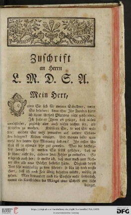 Zuschrift an Herrn L.M.D.S.A.
