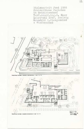 Freizeitheim Fuchsbau, Berlin-Reinickendorf (Diplomarbeit bei Peter Poelzig): Grundrisse Tiefgeschoss und 1. Obergeschoss 1:200