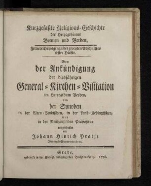 Fernere Beylagen zu des zweyten Abschnittes erster Hälfte: Kurzgefaßte Religions-Geschichte der Herzogthümer Bremen und Verden