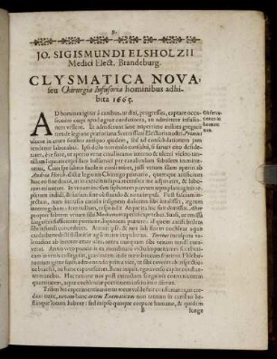 Jo. Sigismundi Elsholzii [...] Clysmatica Nova, seu Chirurgia Infusoria hominibus adhibita 1665.