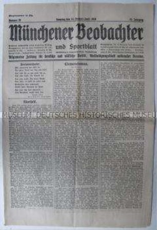 Völkisch-nationalistische Wochenzeitung "Münchener Beobachter" mit einem Kommentar zum Versailler Vertrag