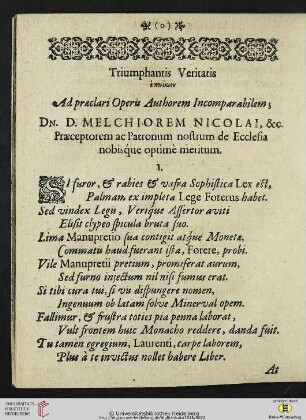 Triumphantis Veritatis. Ad praeclari Operis Authorum Incomparabiliem