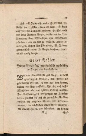 Erster Fehler. Junge Aerzte sind gemeiniglich nachläßig im Fragen am Krankenbette