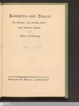 Kämpfen und Bauen : der Gedichte "aus jüdischer Seele"