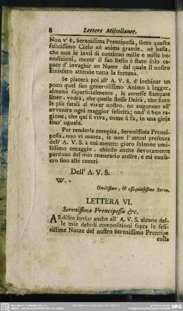 Lettera VI. Serenissima Prencipessa &c.