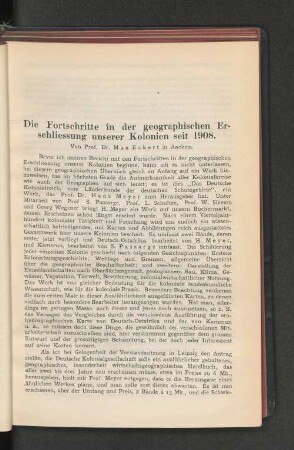 Die Fortschritte in der geographischen Erschliessung unserer Kolonien seit 1908.