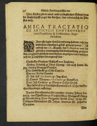 Amica Tractatio De Articulis Controversis inter Pontificios & Lutheranos, Angustae habita.