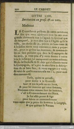 Lettre LXIII. Invitation en prose & en vers