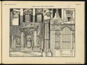Dritte Deutsche Kunstgewerbeausstellung, Dresden; Bismark-Denkmal, Nürnberg; Warenhaus Tietz, Düsseldorf: Ansichten, Details (aus: Ornamentale Details der Modernen Architektur, hrsg v. Friedrich Meyner)