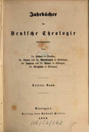 Jahrbücher für deutsche Theologie. 3, 3. 1858