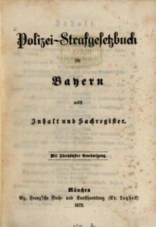 Polizei-Strafgesetzbuch für Bayern : nebst Inhalt und Sachregister