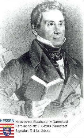 Nebenius, Karl Friedrich (1784-1857) / Porträt, rechtsgewandte und -blickende Halbfigur, ein aufgeschlagenes Buch in der Hand haltend