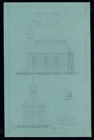 Dorfkirche Monatskonkurrenz September 1832: Grundriss Erdgeschoss, Aufriss Vorderansicht (Eingang), Längsansicht