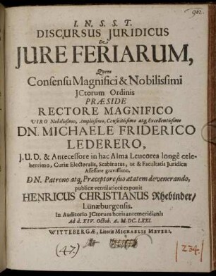 Discursus Iuridicus De Iure Feriarum