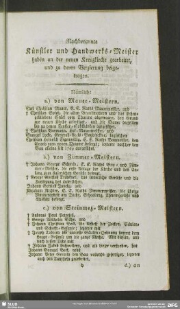 Nachgenannte Künstler und Handwerks-Meister haben an der neuen Kreuzkirche gearbeitet, und zu deren Verzierung beigetragen
