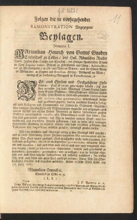 Folgen die in vorhergehender Remonstration Angezogene Beylagen.