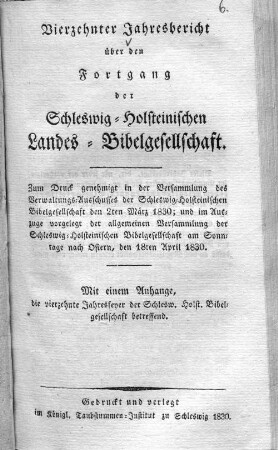 14.1830: Jahresbericht über den Fortgang der Schleswig-Holsteinischen Landes-Bibelgesellschaft
