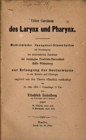Ueber Carcinom des Larynx und Pharynx : Diss. inaug.