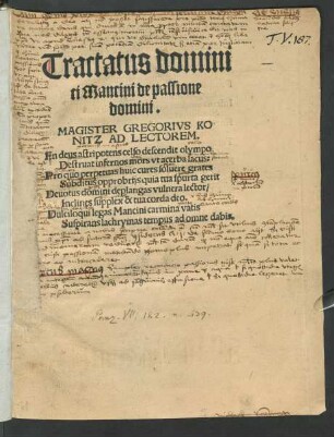 Tractatus domini||ci Mancini de passione || domini.|| [Hrsg.:] MAGISTER GREGORIVS KO||NITZ ... ||