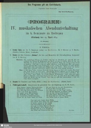 Programm zur IV. musikalischen Abendunterhaltung im k. Seminare zu Zschopau Mittwoch den 23. April 1884