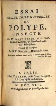 Essai sur l'histoire naturelle du Polype insecte